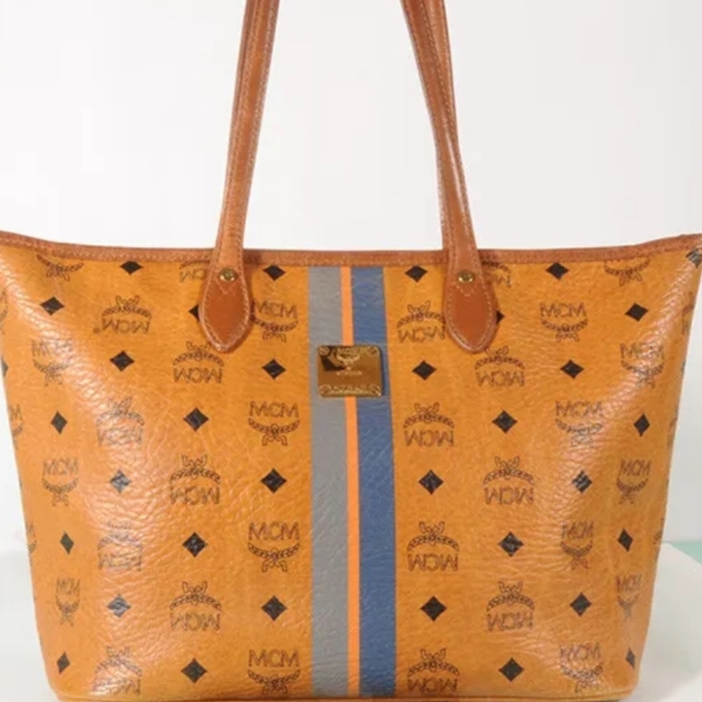 MCM Authentic Visetos  Shopper Tote Bag Yellow Gold Cognac Brown Blue Striped